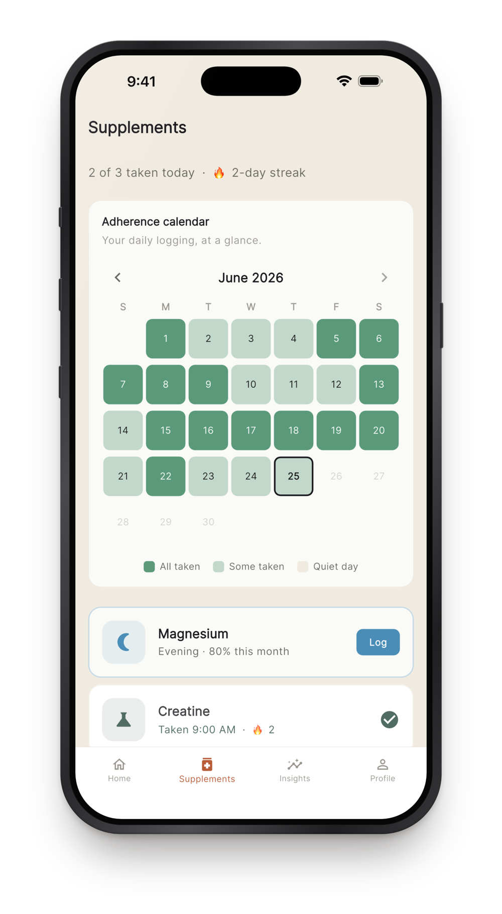 The Pith app's supplement tracker: an adherence calendar logging your daily doses.