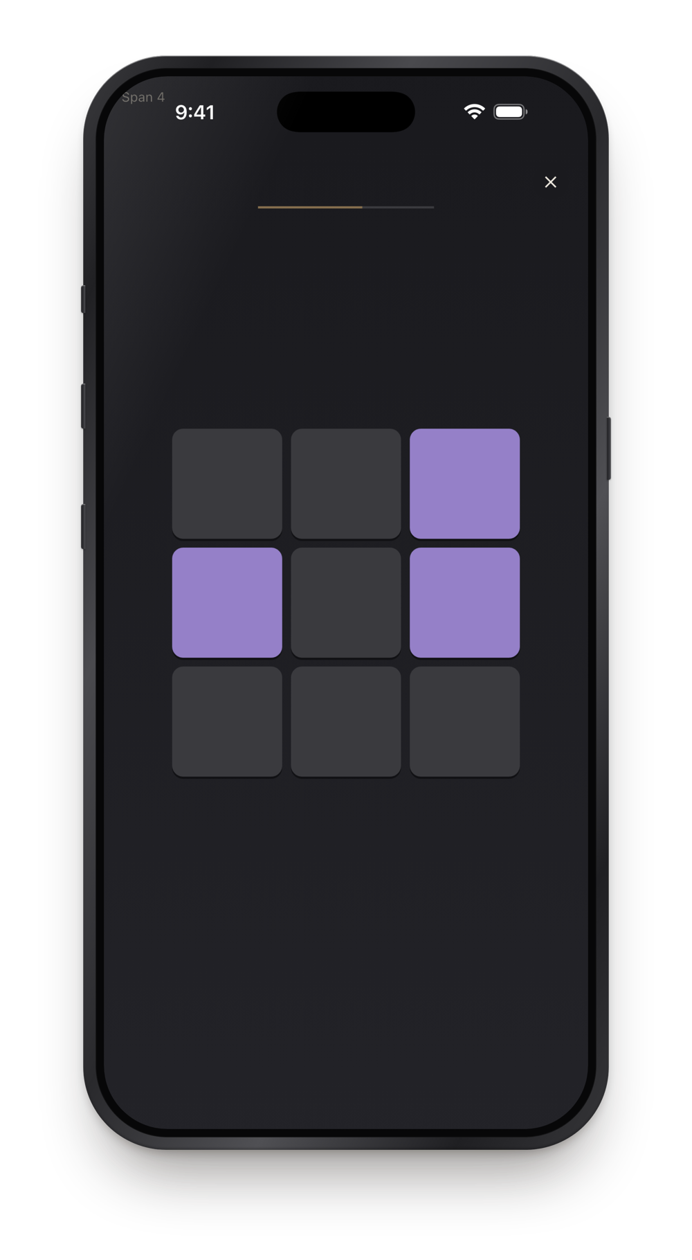 Pith app Tile Span exercise: a grid-based visuospatial task.