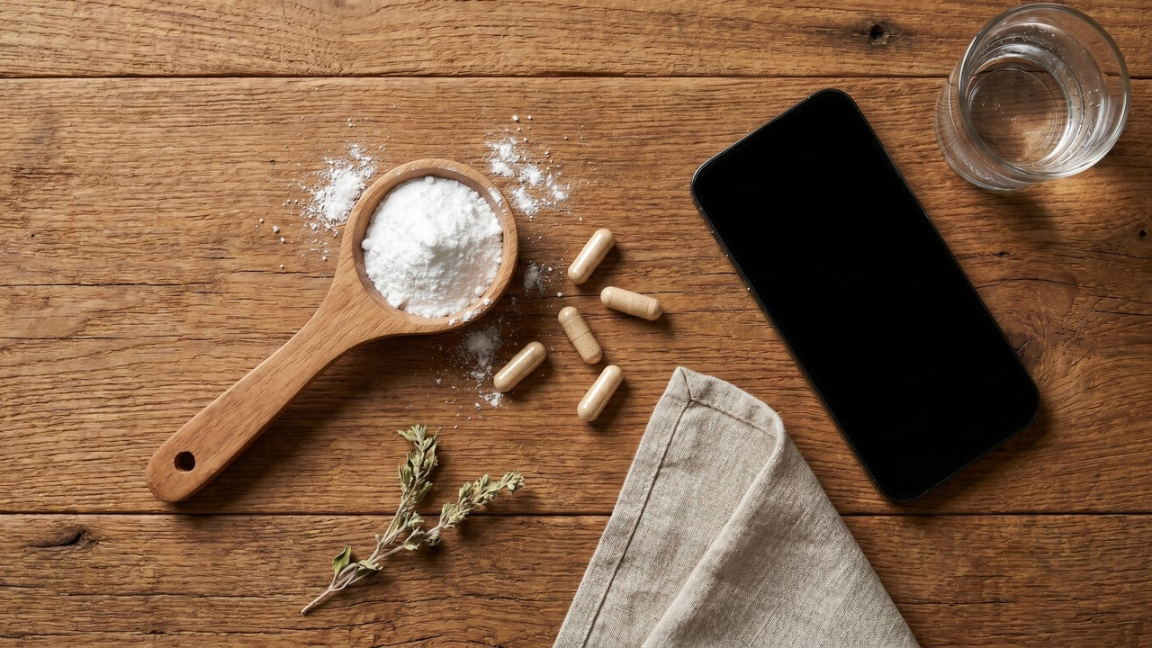 A flat lay of a supplement scoop, capsules, and a phone on a wooden surface.
