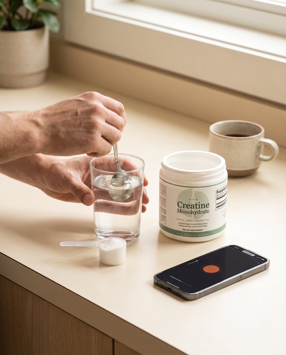 Hands stirring creatine into a glass of water on a kitchen counter, with the Pith tub and a phone showing the training app.
