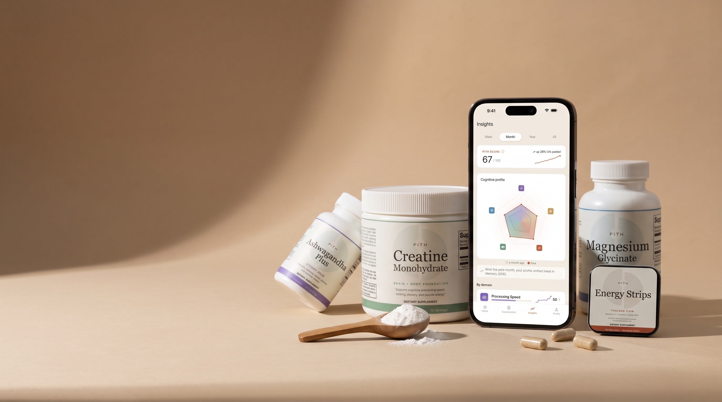 The Pith program at a glance: the app's Insights screen showing a cognitive profile, surrounded by the Creatine, Magnesium, Energy Strips, and Ashwagandha supplements.