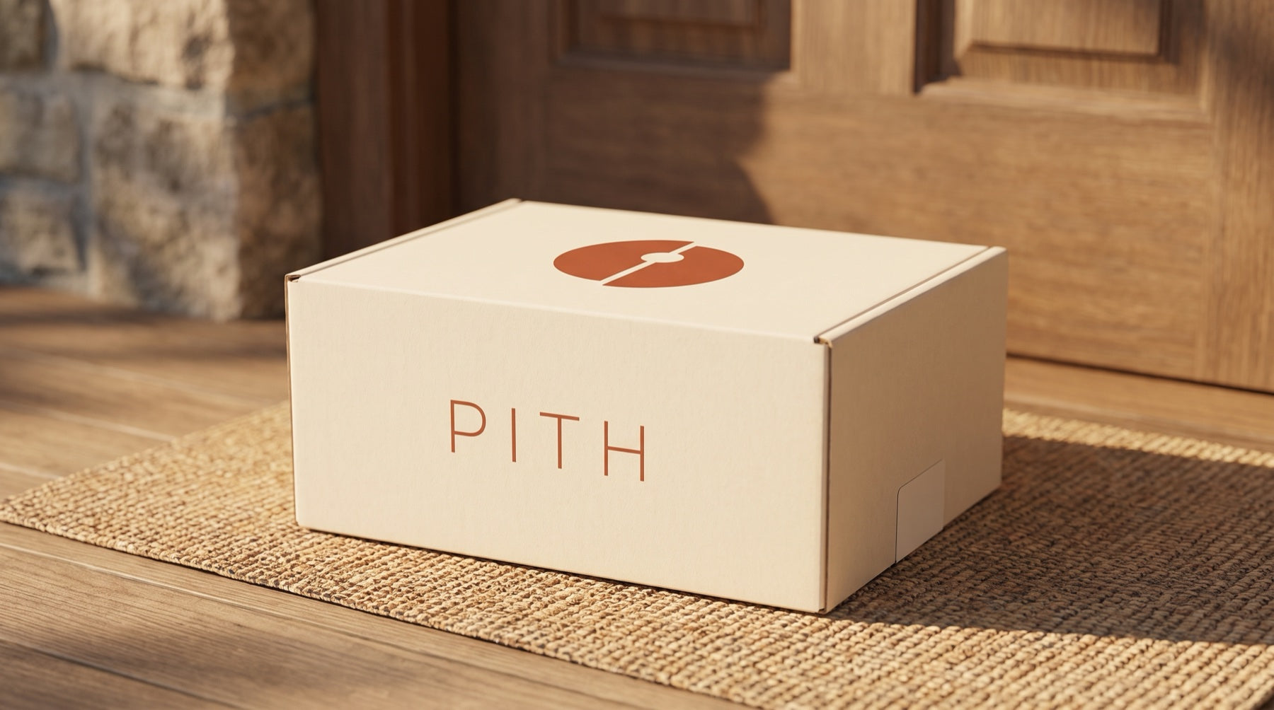 A Pith shipping box on a doormat at the front door, carrying the Pith mark and wordmark.