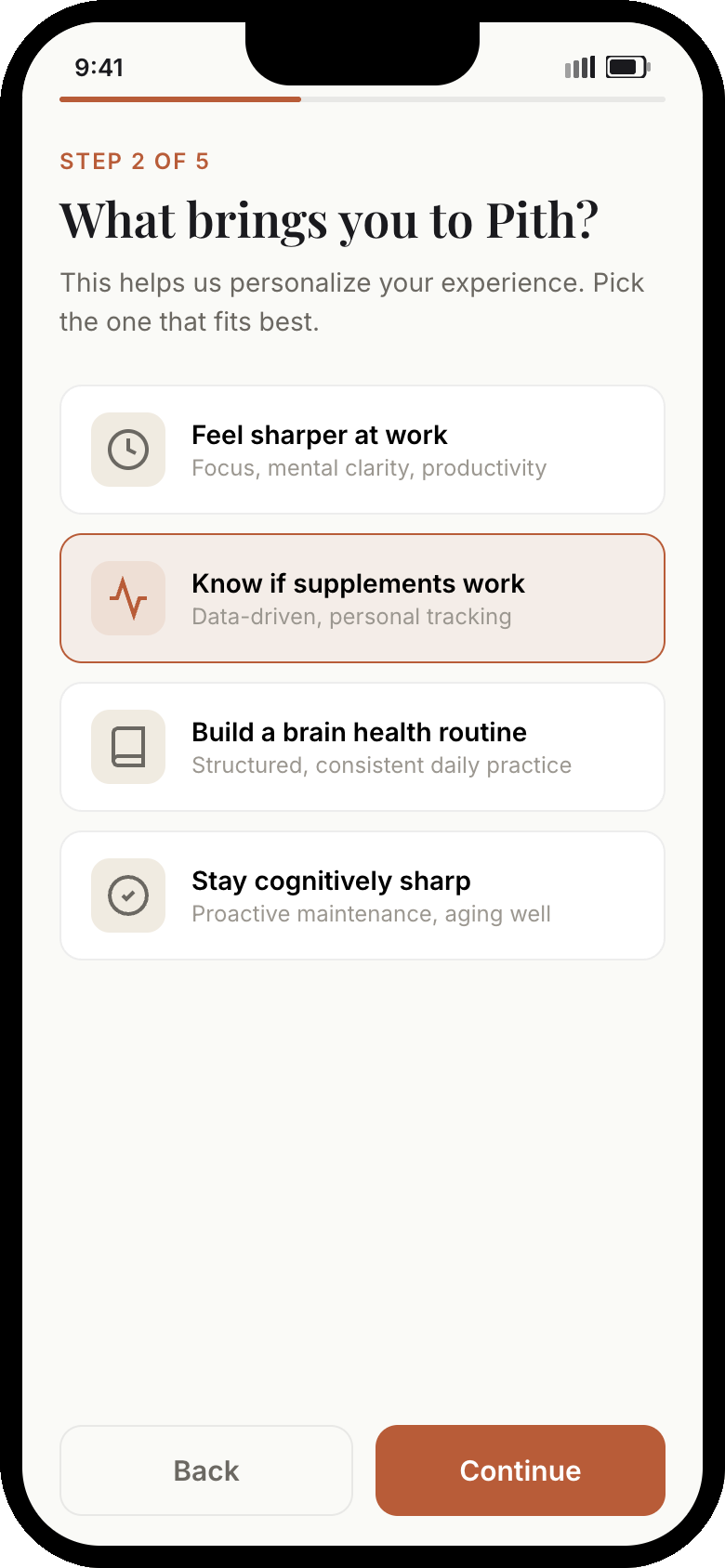 Pith app onboarding flow showing personalization