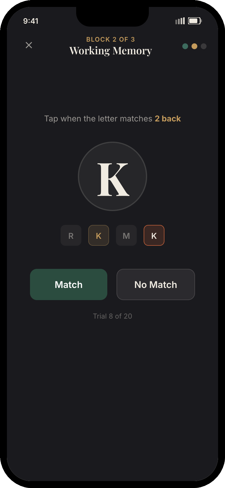Pith app Dual N-Back training session in progress